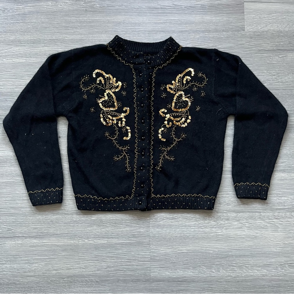 80’s Silk Karen Scott Black & Gold Beaded Cardigan